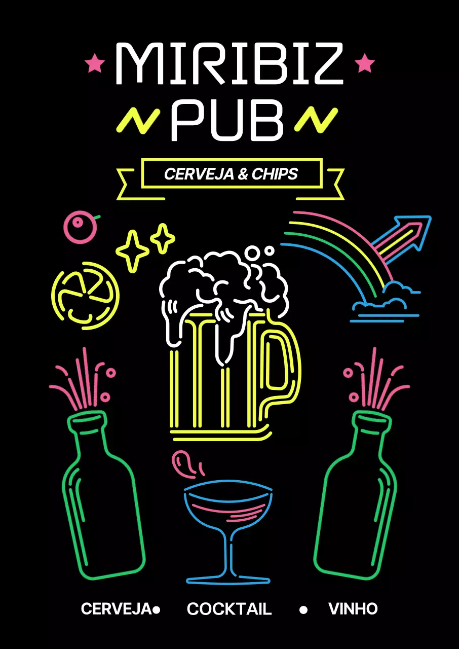 Um bar cheio de gráficos de letreiros de néon
