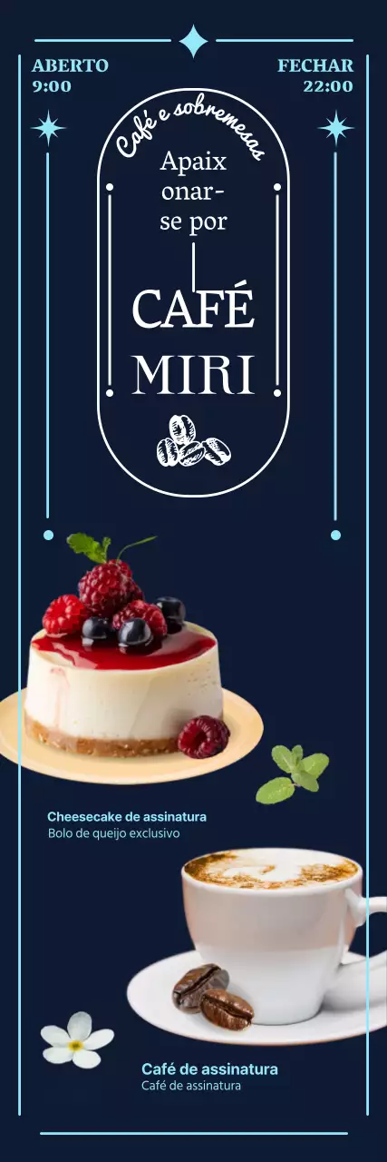 Promova o seu café azul e chique e apresente o seu menu