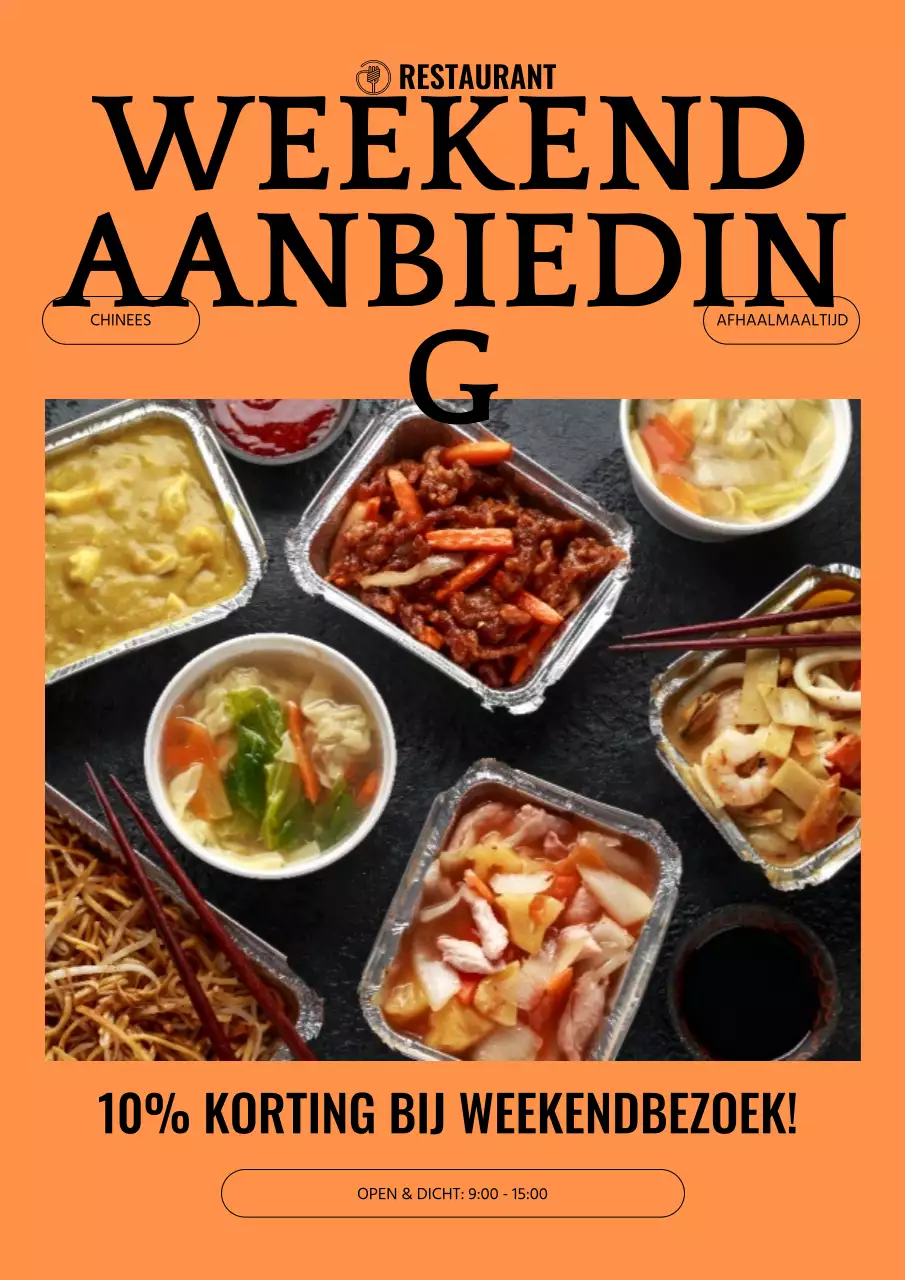 Promoot kortingen op een eenvoudig weekendmenu in oranje en zwart