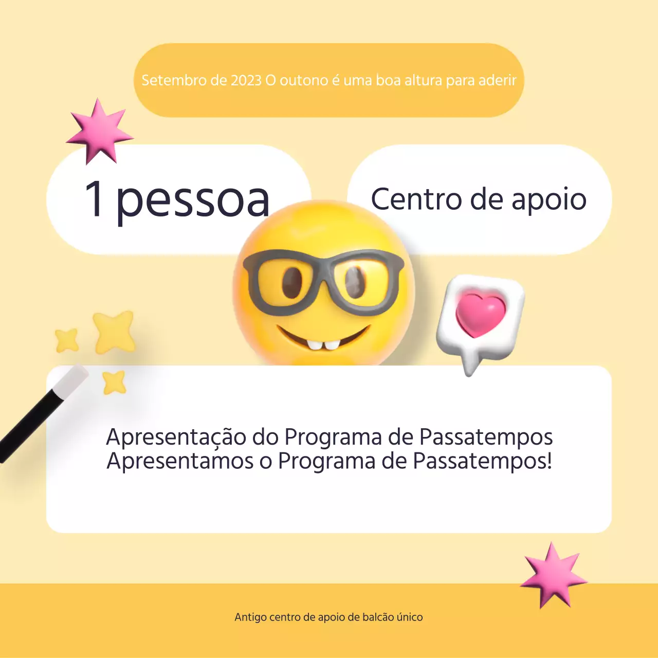 Apresentamos o moderno programa de centro de apoio para uma pessoa, em amarelo e azul claro