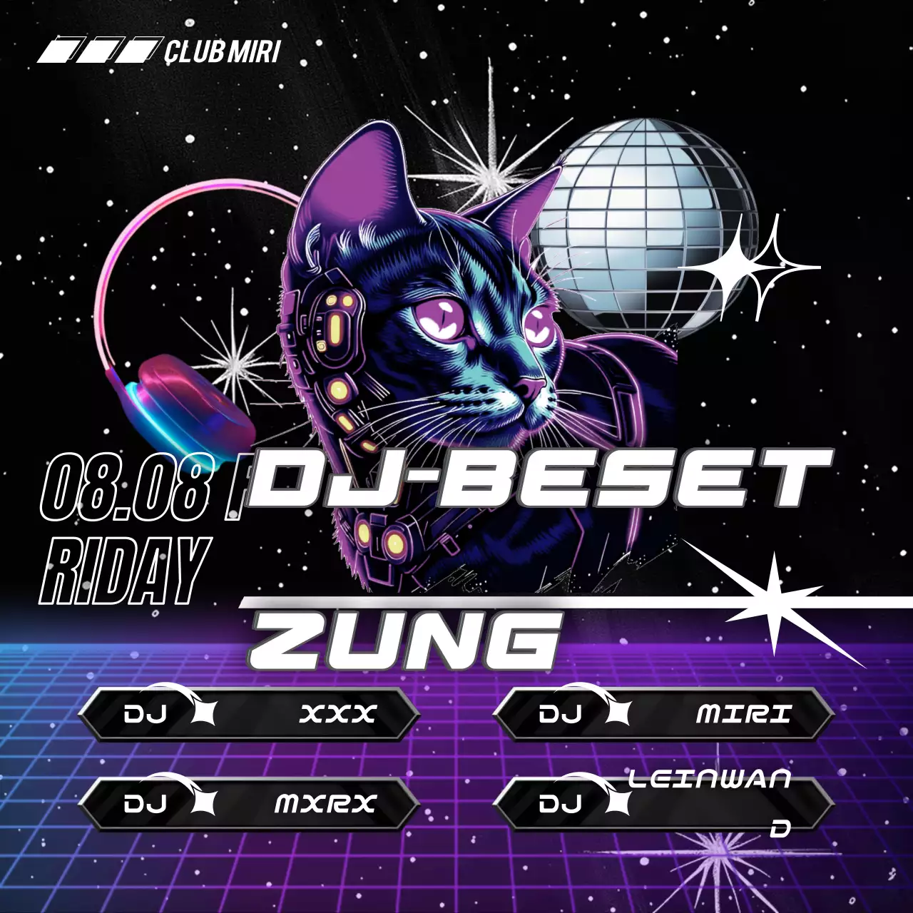 Eine Reihe von Cyberpunk-inspirierten DJ-Sets in Schwarz und Lila