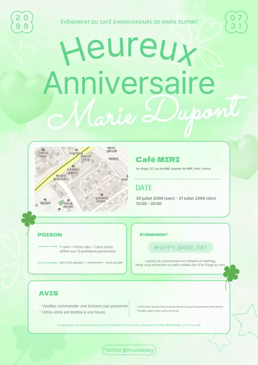 Promouvoir un café d'anniversaire idol branché en vert et jaune