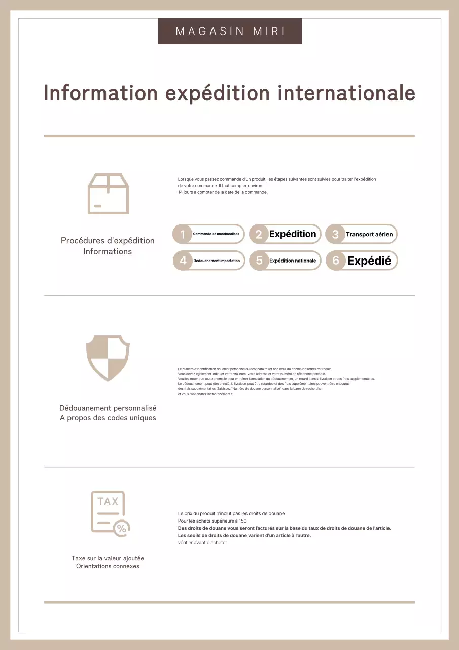 Un guide simple, beige et marron, sur le dédouanement des achats internationaux