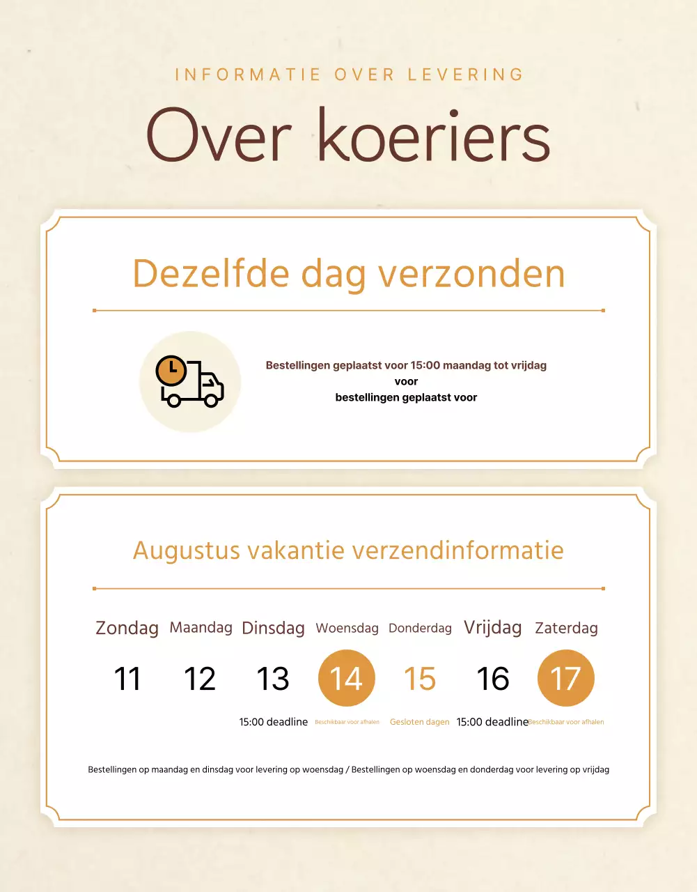 Een traditioneel uitziende bijgerechtenwinkel in beige en oranje promoten