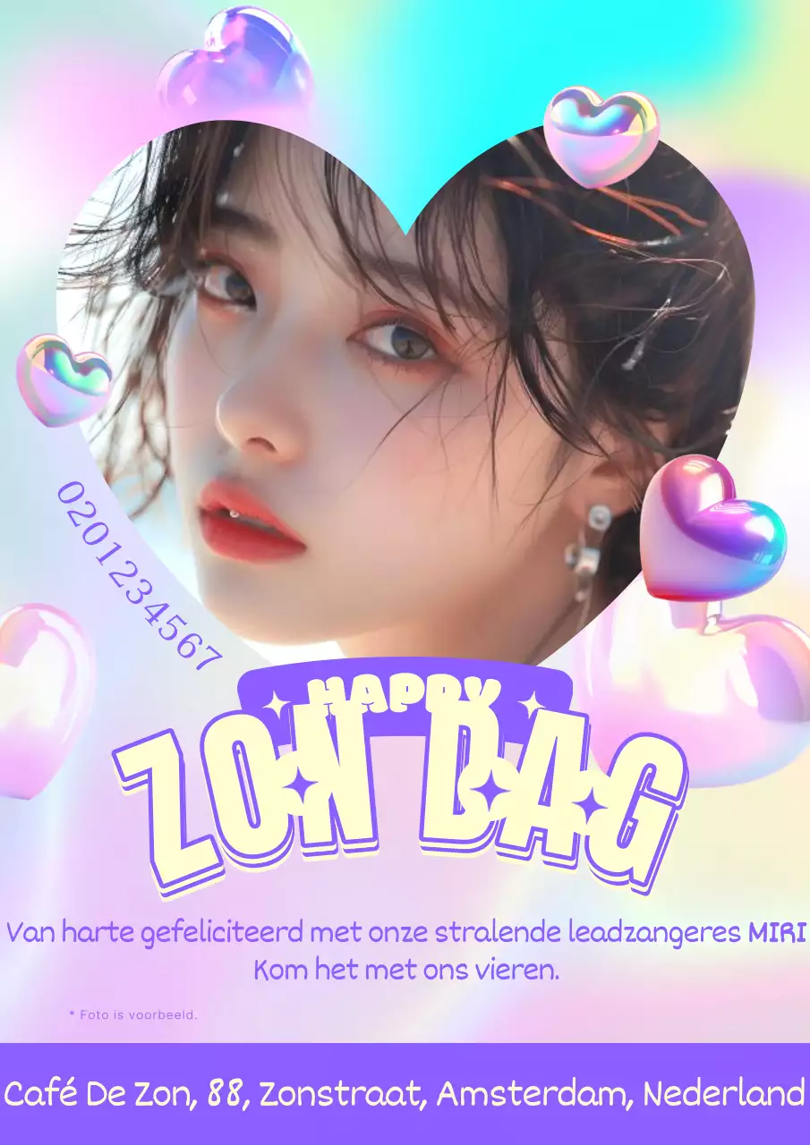 Een kitscherige verjaardagsadvertentie voor idolen in paarse en fluorescerende kleuren