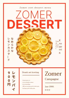 Publiciteit voor een nieuw menu met eenvoudige rode en bruine zomerdesserts.