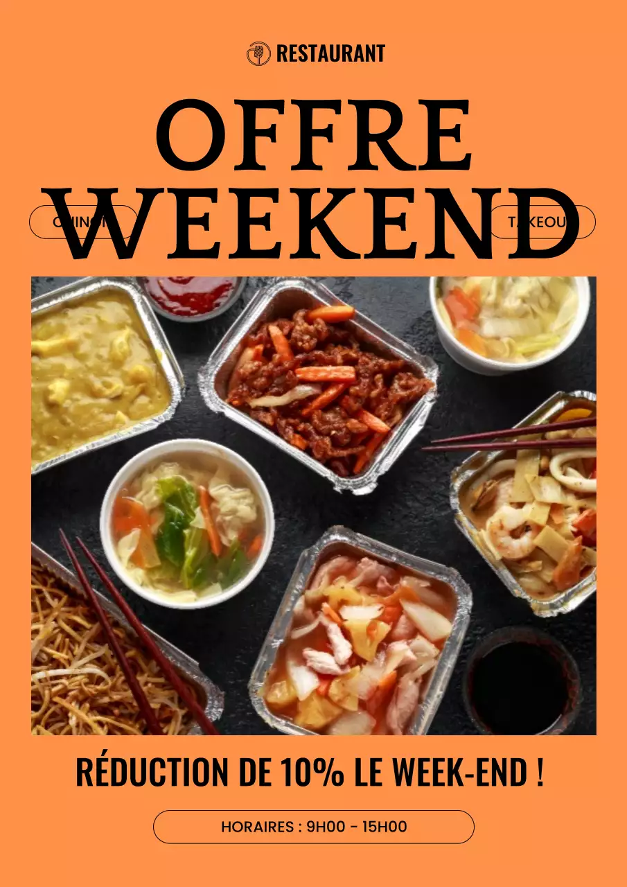 Promouvoir les réductions sur un simple menu de week-end en orange et noir