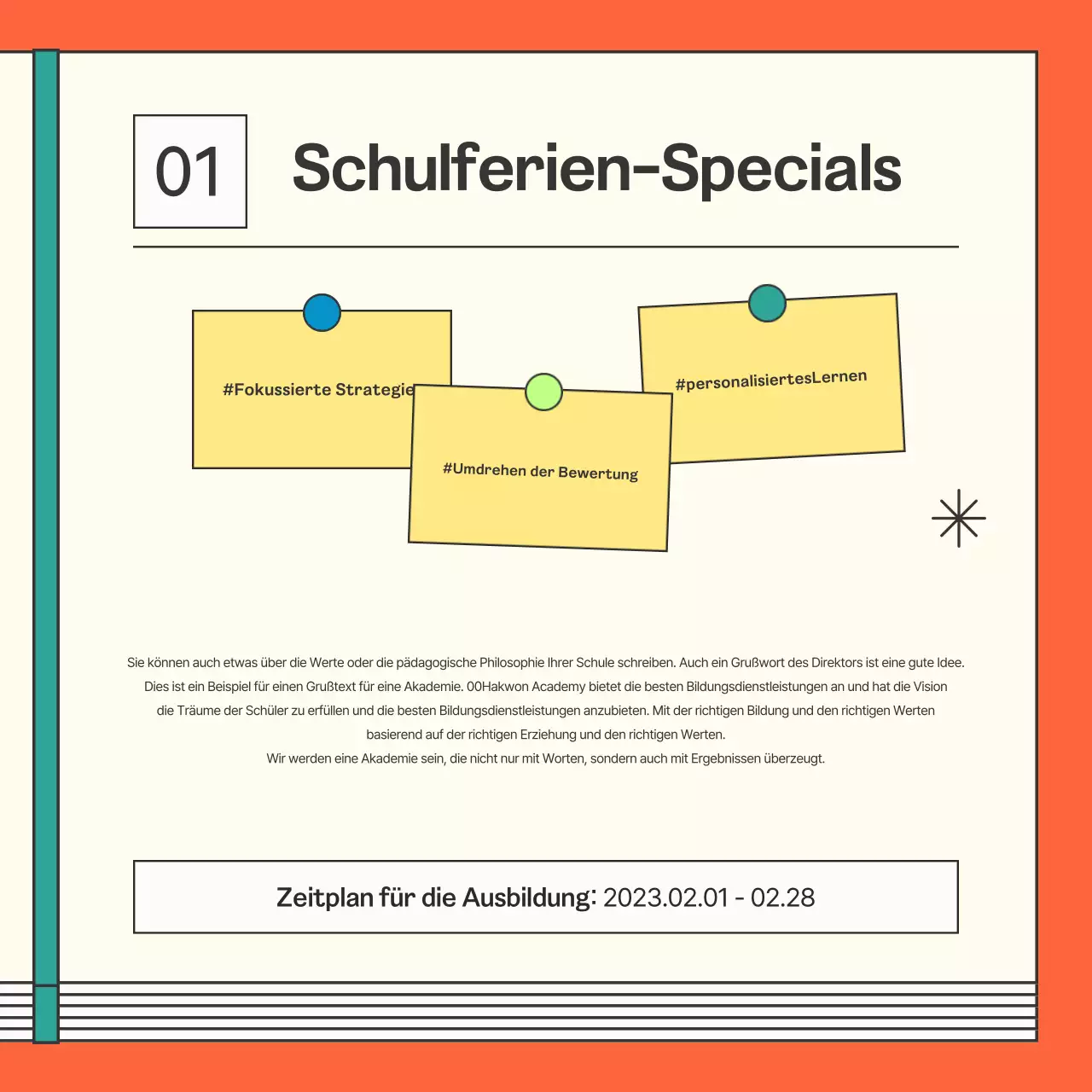 Förderung eines kitschigen orangefarbenen Schulvortrags