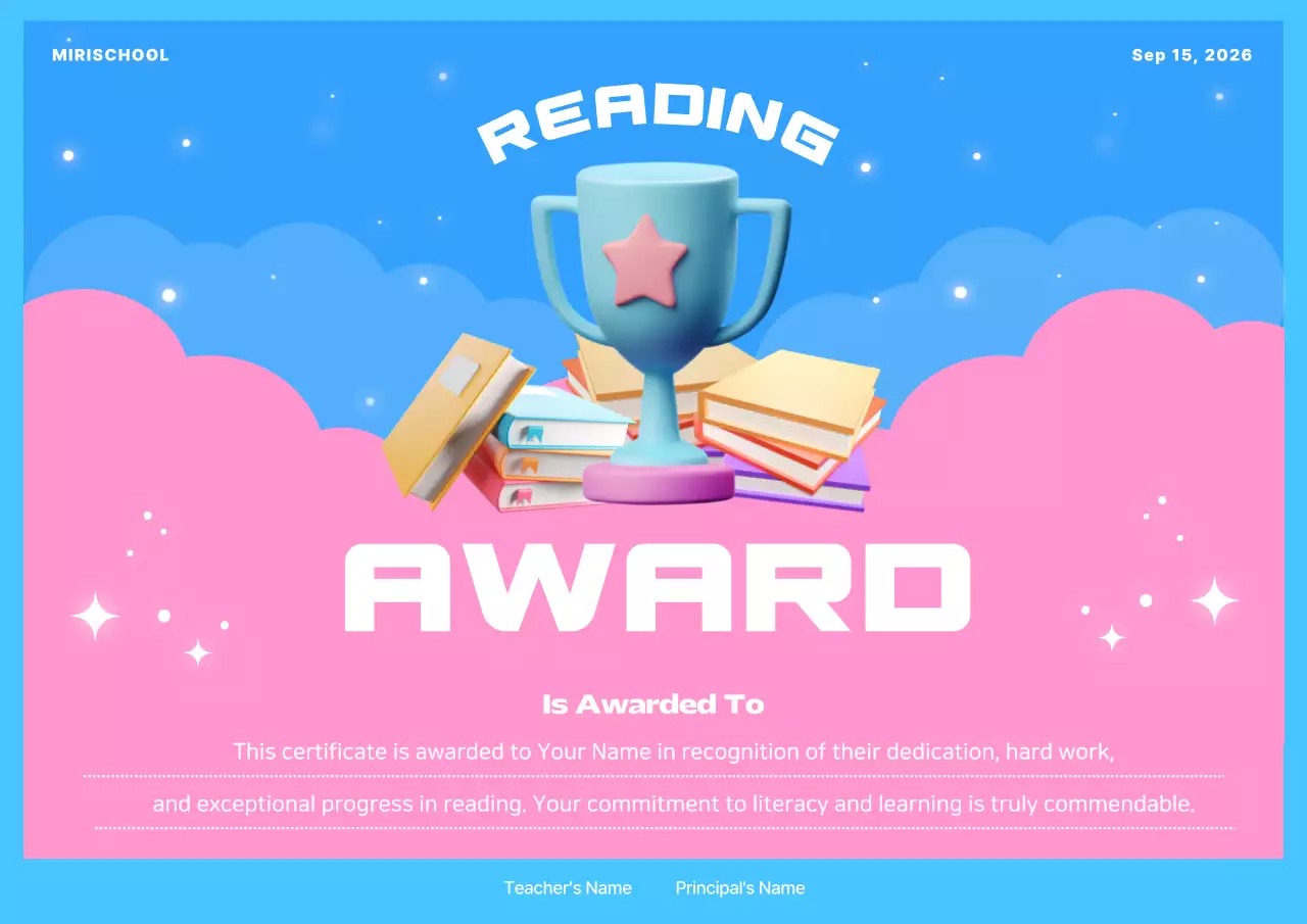 Blue Modern Reading Certificate Poster