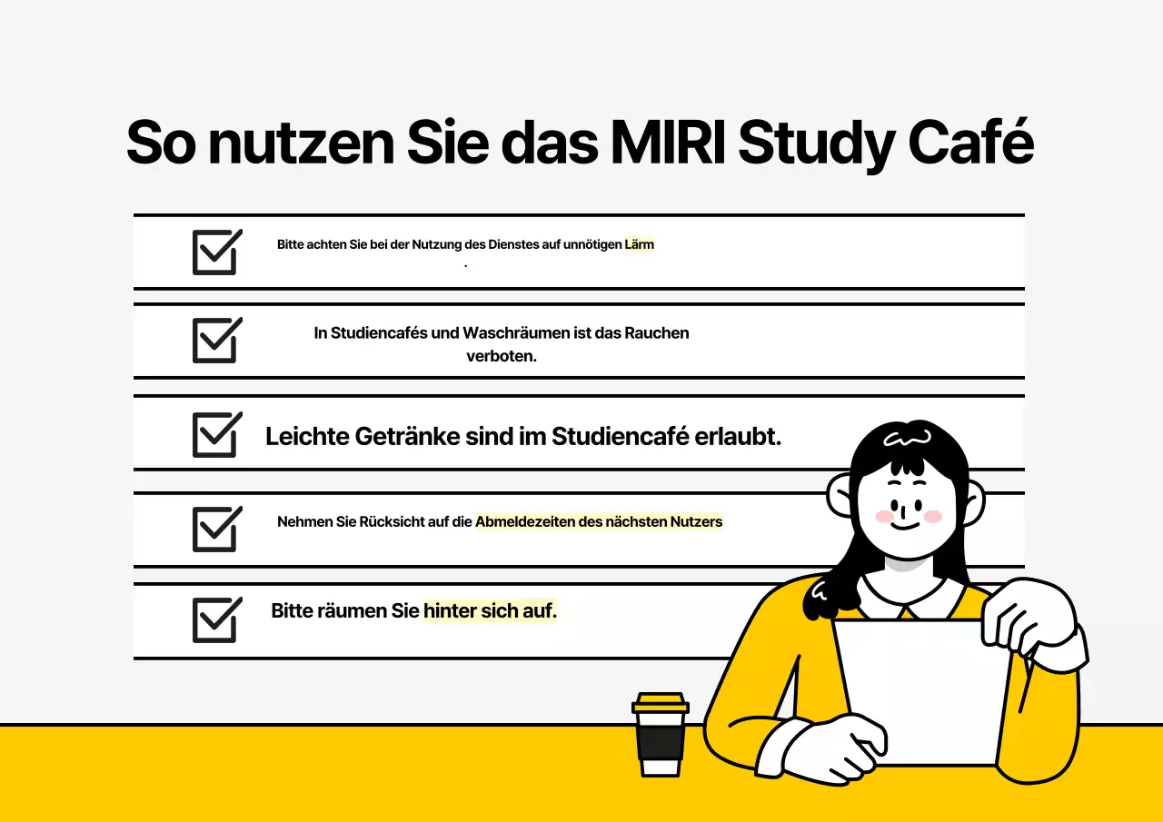 Ein einfaches graues und gelbes Arbeitszimmer-Café mit ein paar Hinweisen