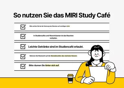 Ein einfaches graues und gelbes Arbeitszimmer-Café mit ein paar Hinweisen