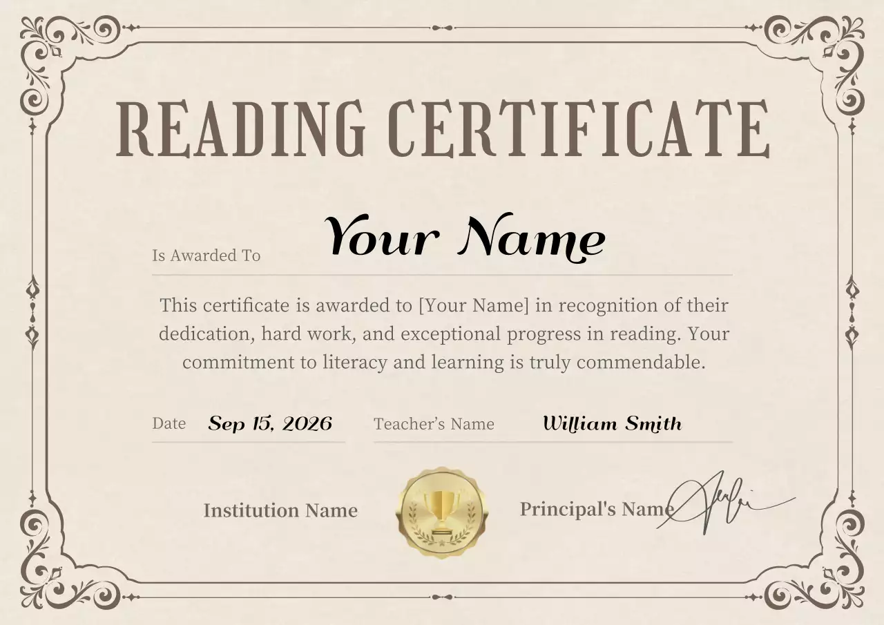 Beige Traditional Reading Certificate Poster
