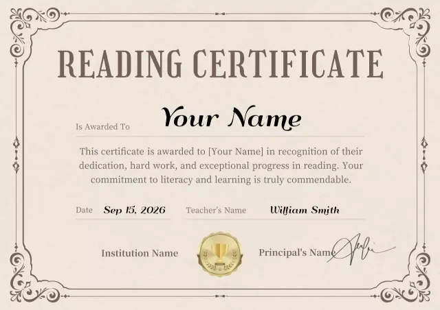 Beige Traditional Reading Certificate Poster