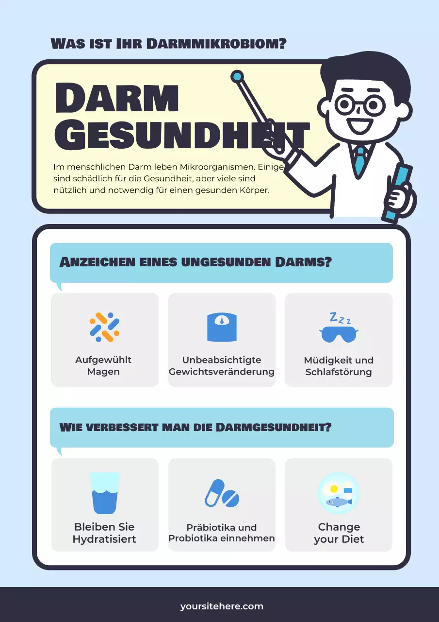 Einfaches, hellblaues und gelbes Aufklärungsmaterial zur Darmgesundheit