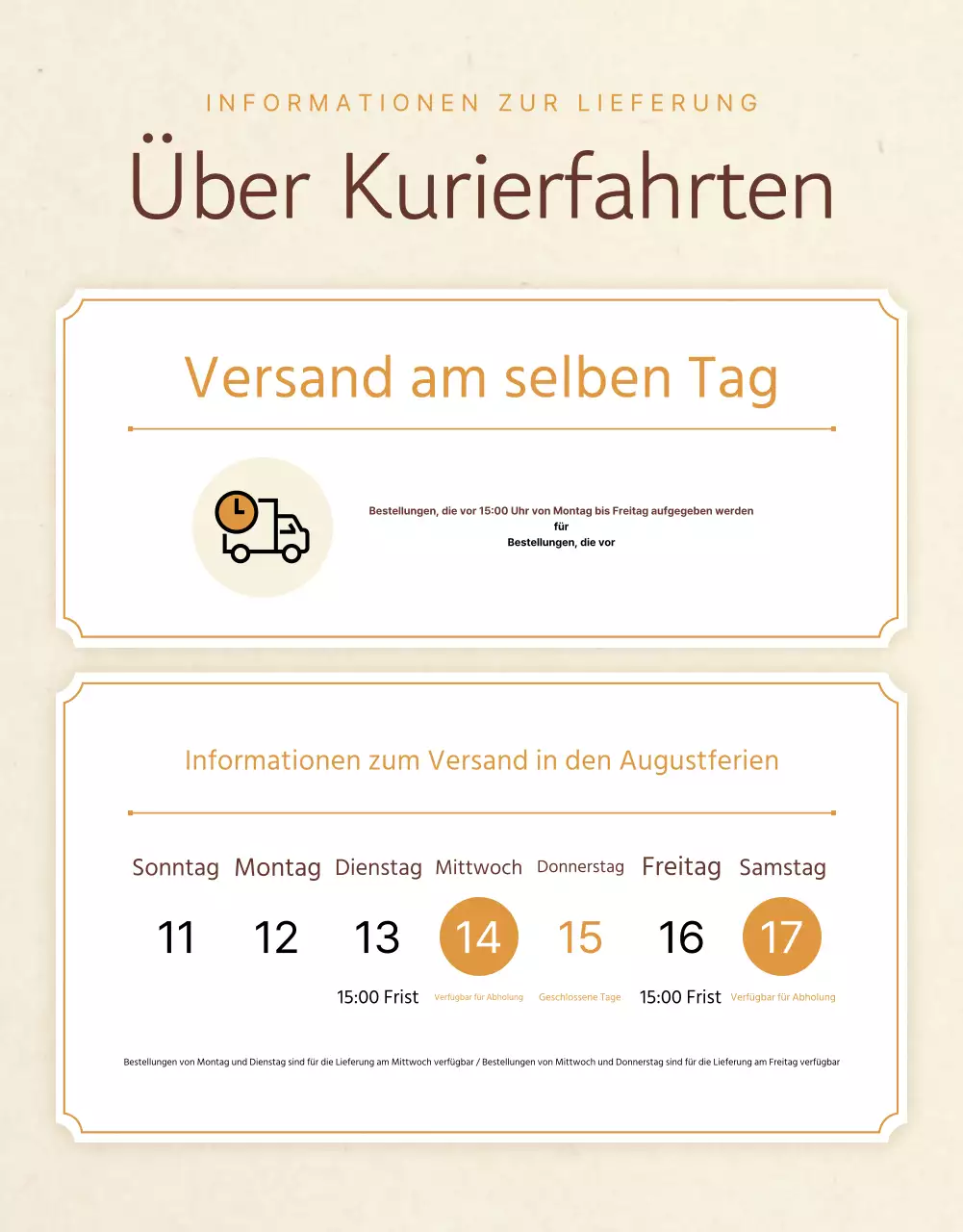Werbung für ein Geschäft mit traditionellen Beilagen in Beige und Orange