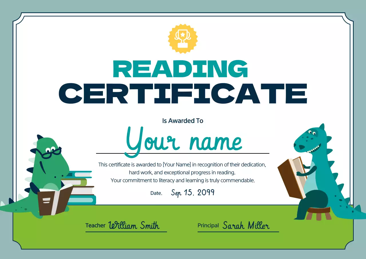 Teal Cartoon Reading Certificate Poster