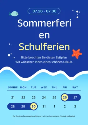 Ankündigung der Sommerferienschließung in blau und hellblau
