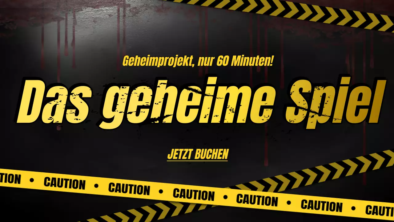 Anzeige für ein Escape-Room-Spiel mit schwarzen und gelben Akzenten