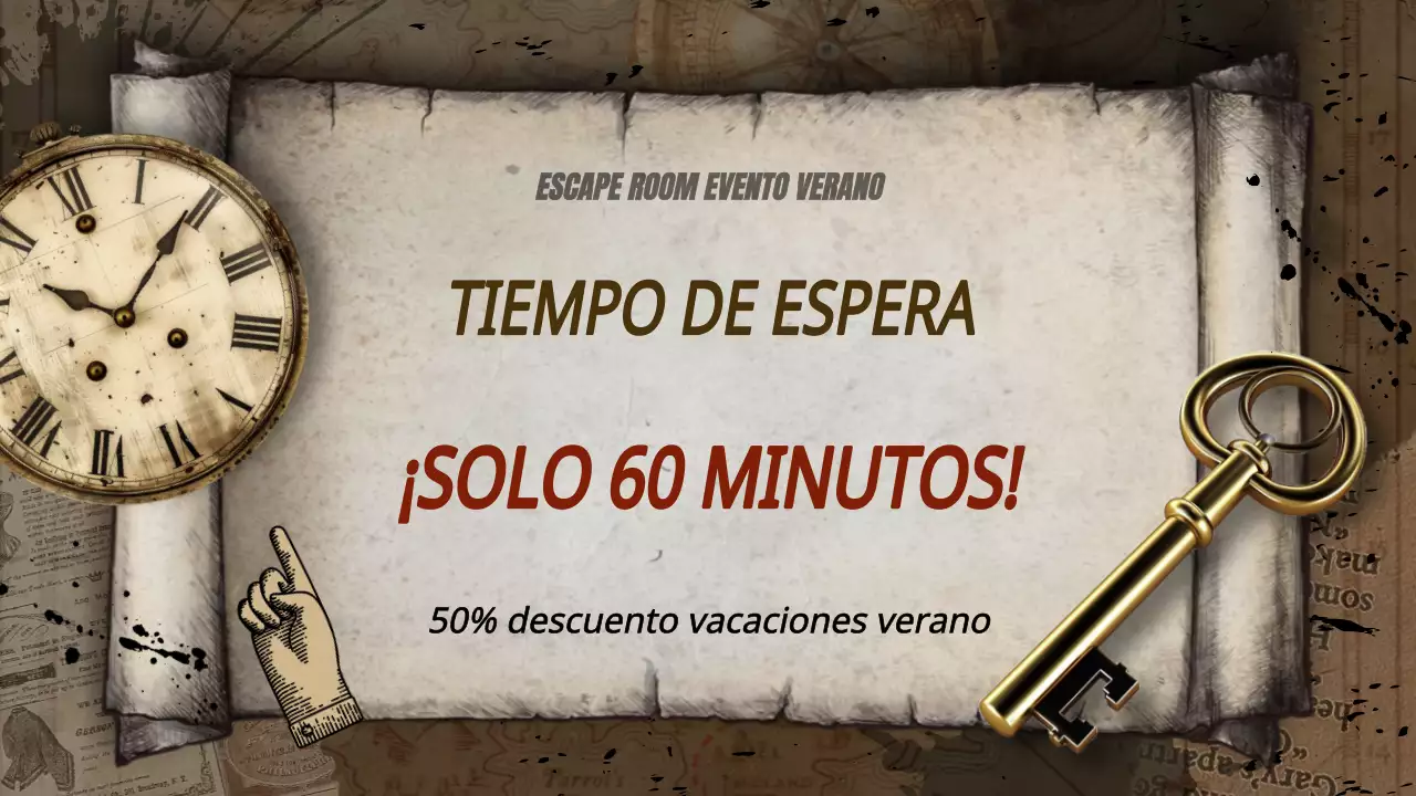 Anuncio de un juego de escape de fantasía marrón y rojo