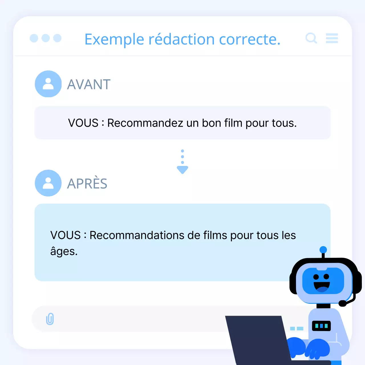 Guide pour l'écriture d'invites d'IA avec une interface utilisateur blanche et bleu clair