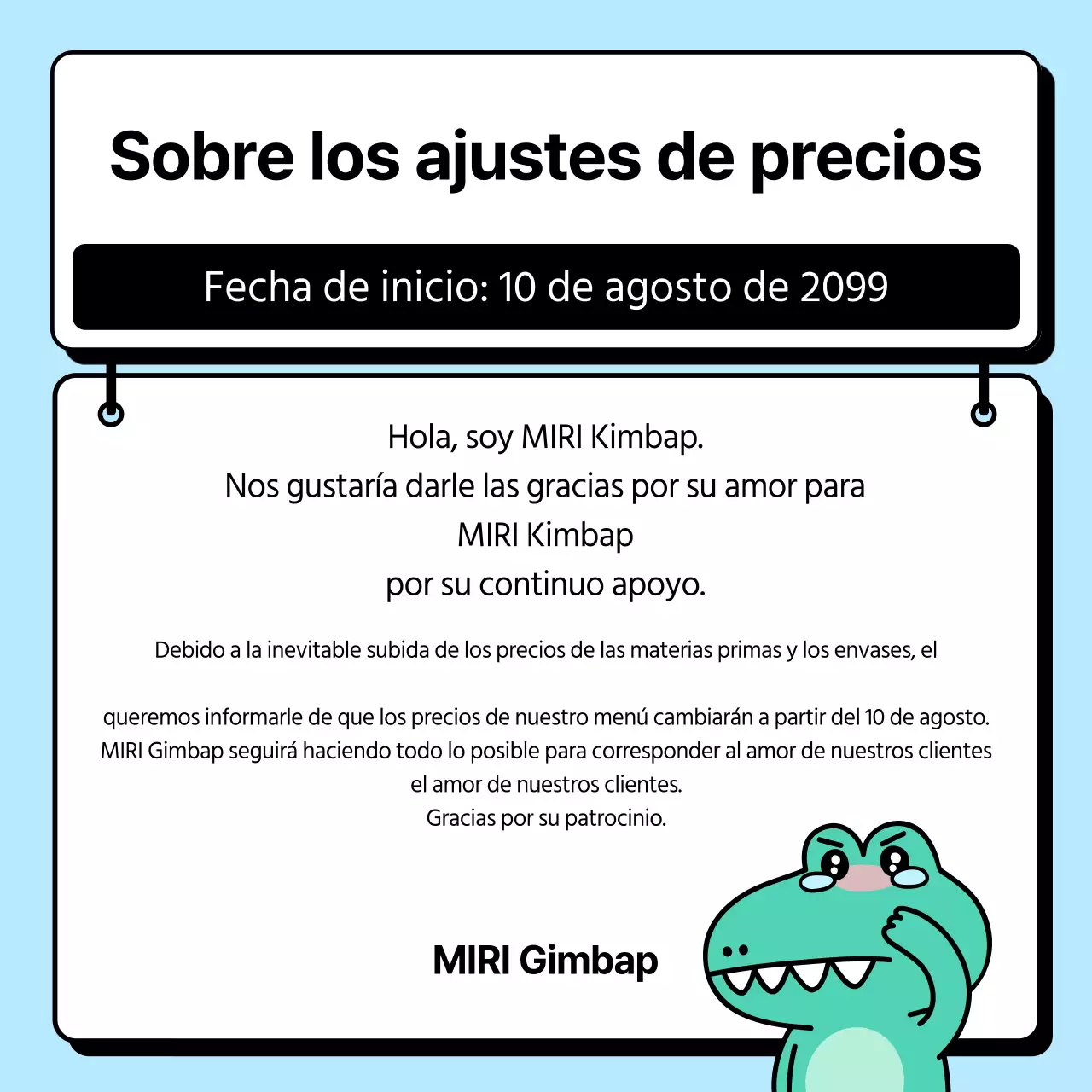 Anuncio de ajuste de precios con caracteres limpios de color azul claro