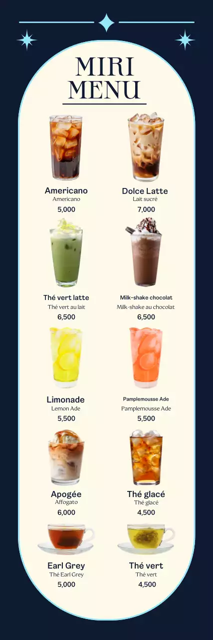 Faites la promotion de votre café bleu et chic et présentez votre menu