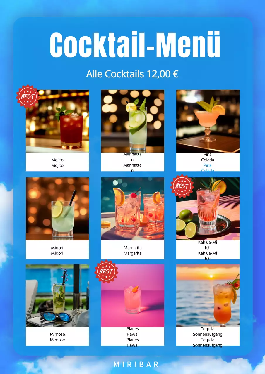 Eine Sammlung von trendigen Restaurant-Menü-Tafeln in Hellblau