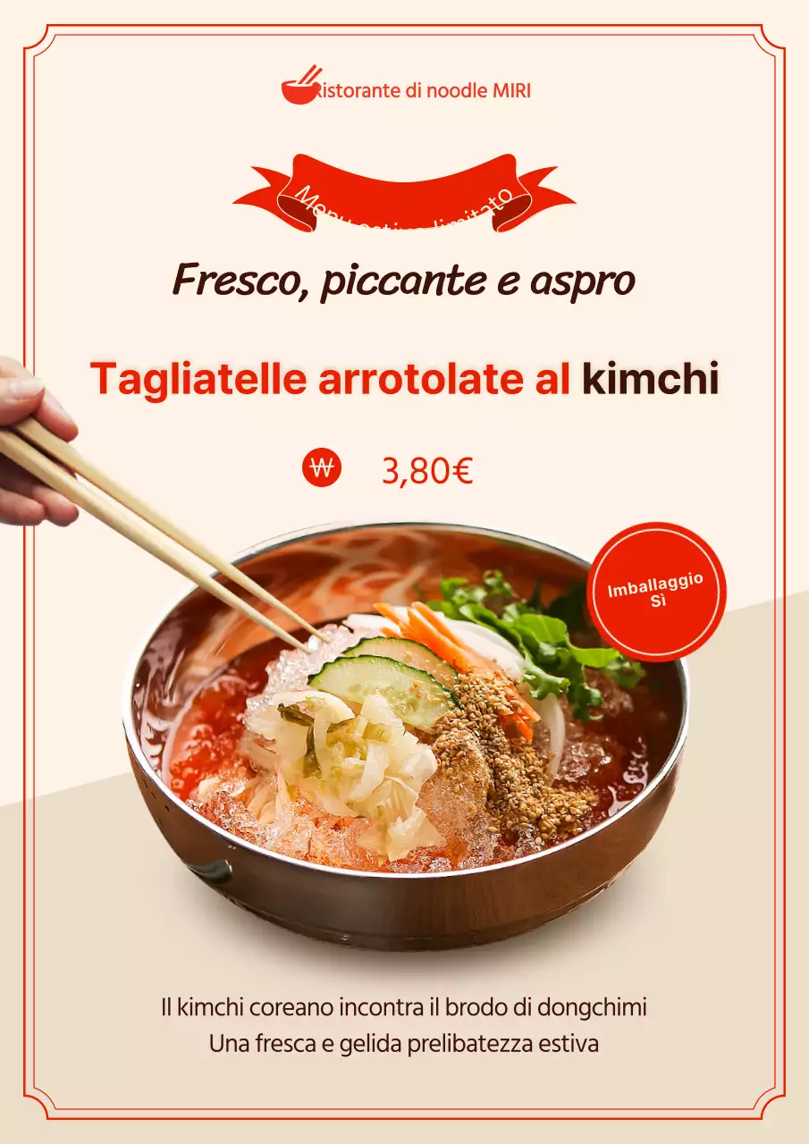 Promuovere un nuovo piatto di spaghetti arrotolati al kimchi con semplici colori rosso e avorio