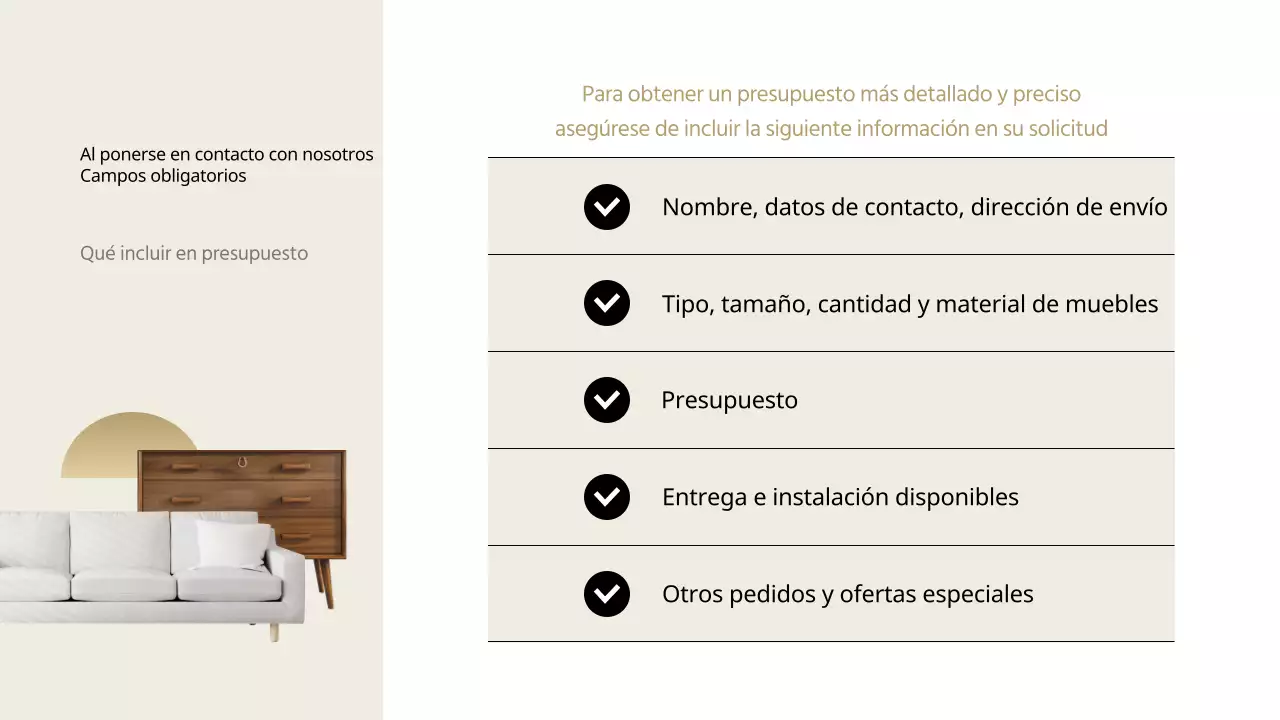 Guía de presupuesto para contratistas de muebles modernos en negro y beige