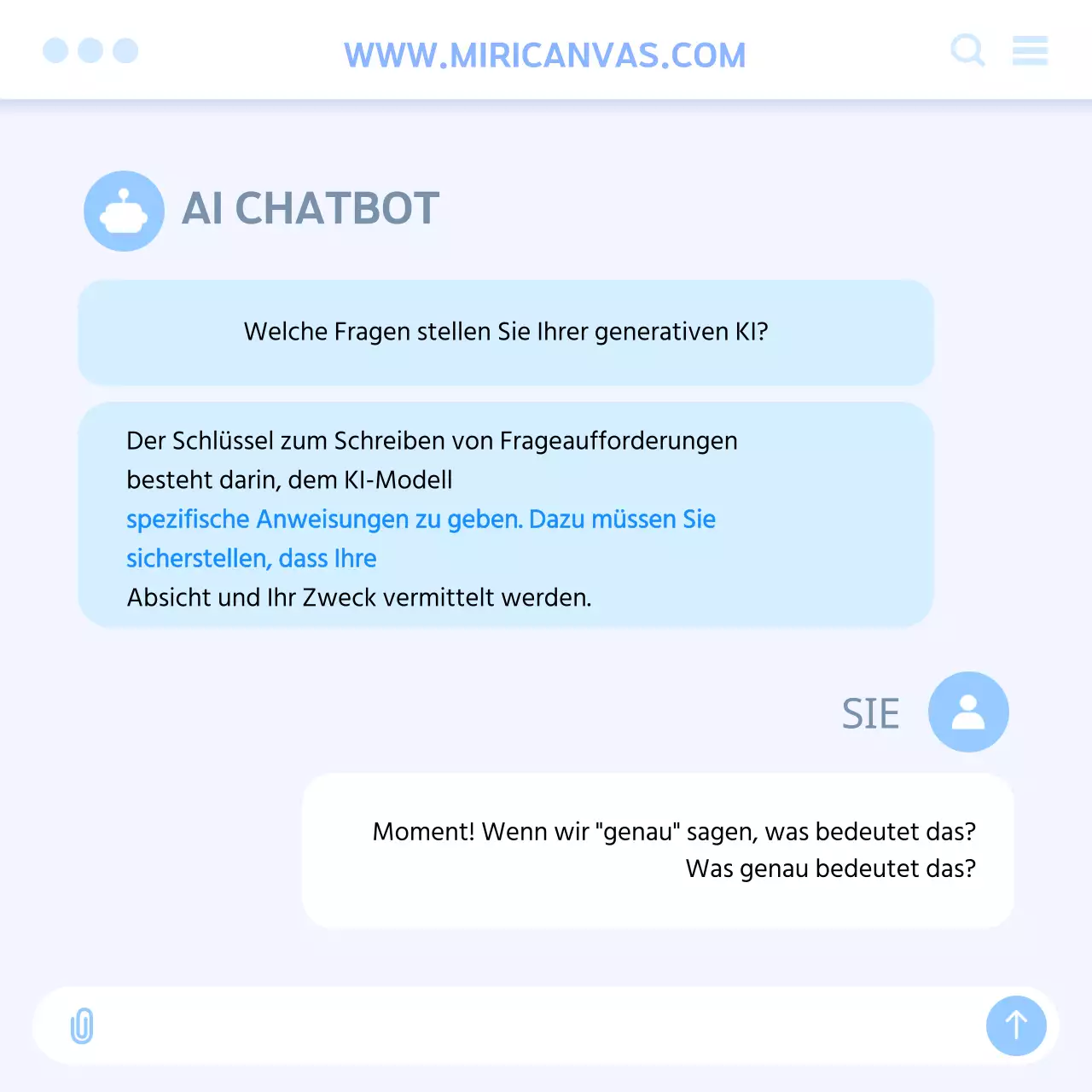 Anleitung zum Schreiben von AI-Prompts mit weißer und hellblauer Benutzeroberfläche