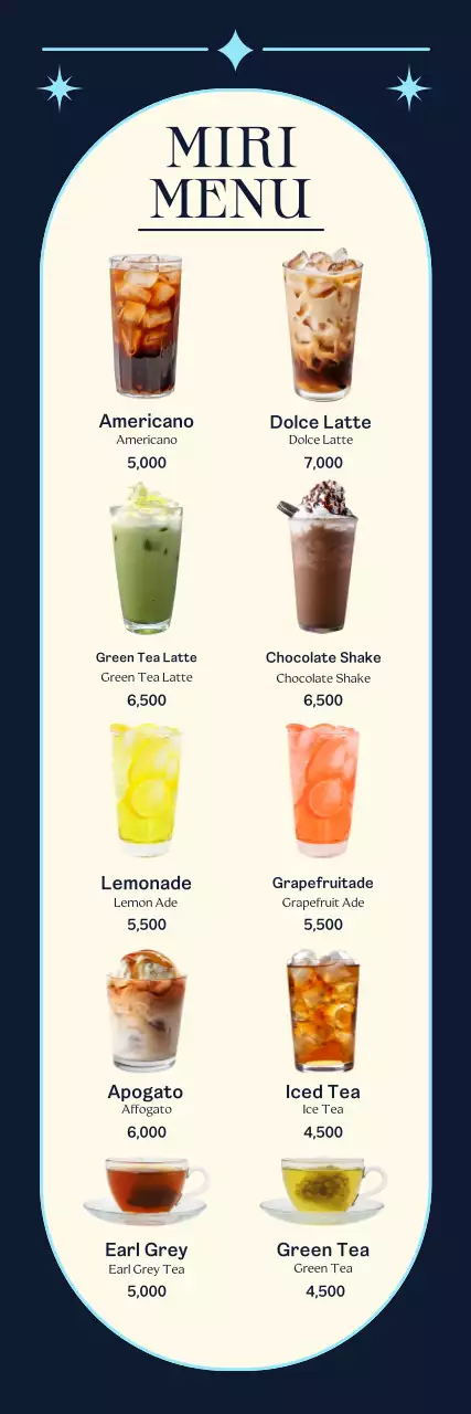 Promote your blue, chic cafe and showcase your menu