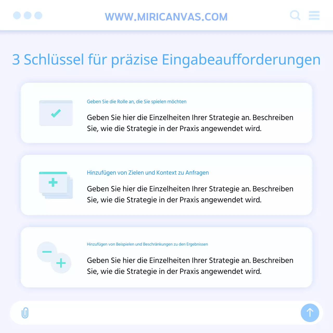 Anleitung zum Schreiben von AI-Prompts mit weißer und hellblauer Benutzeroberfläche