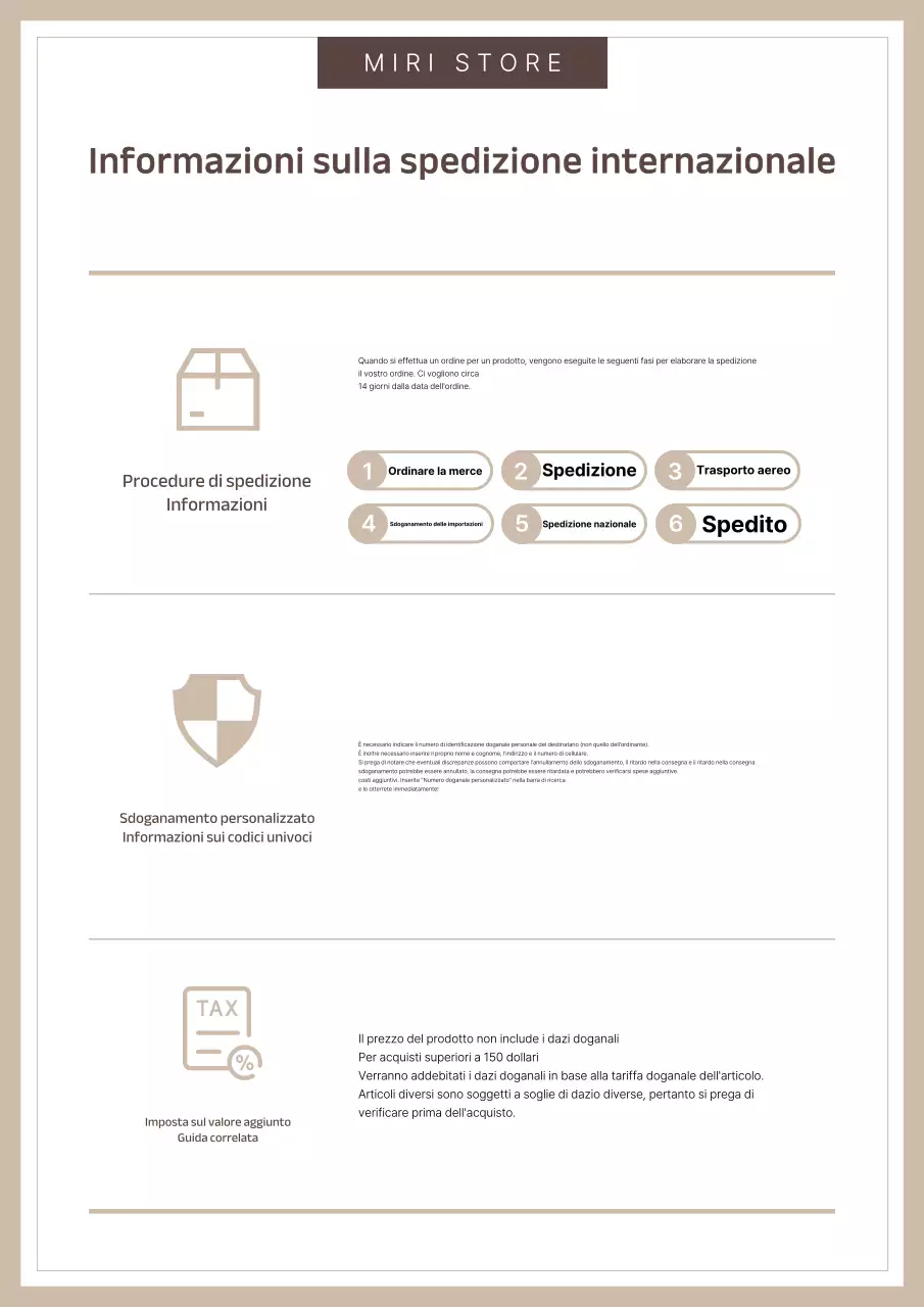 Una guida semplice, in beige e marrone, per lo sdoganamento degli acquisti internazionali