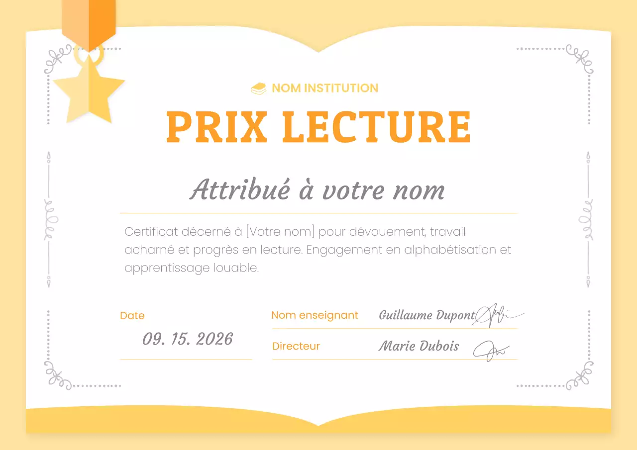 Un joli certificat de lecture jaune et orange