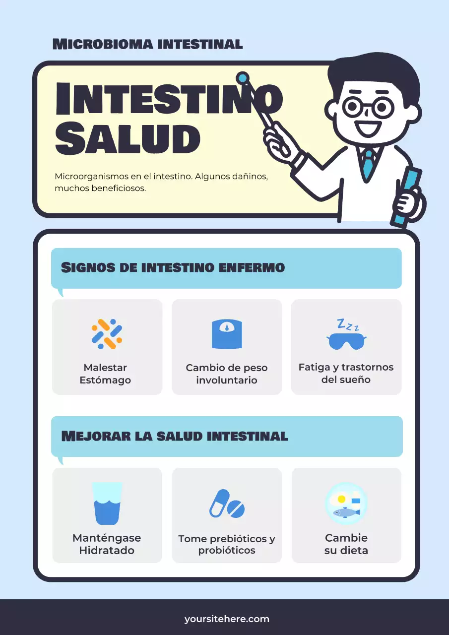 Material didáctico sencillo de color azul claro y amarillo sobre la salud intestinal