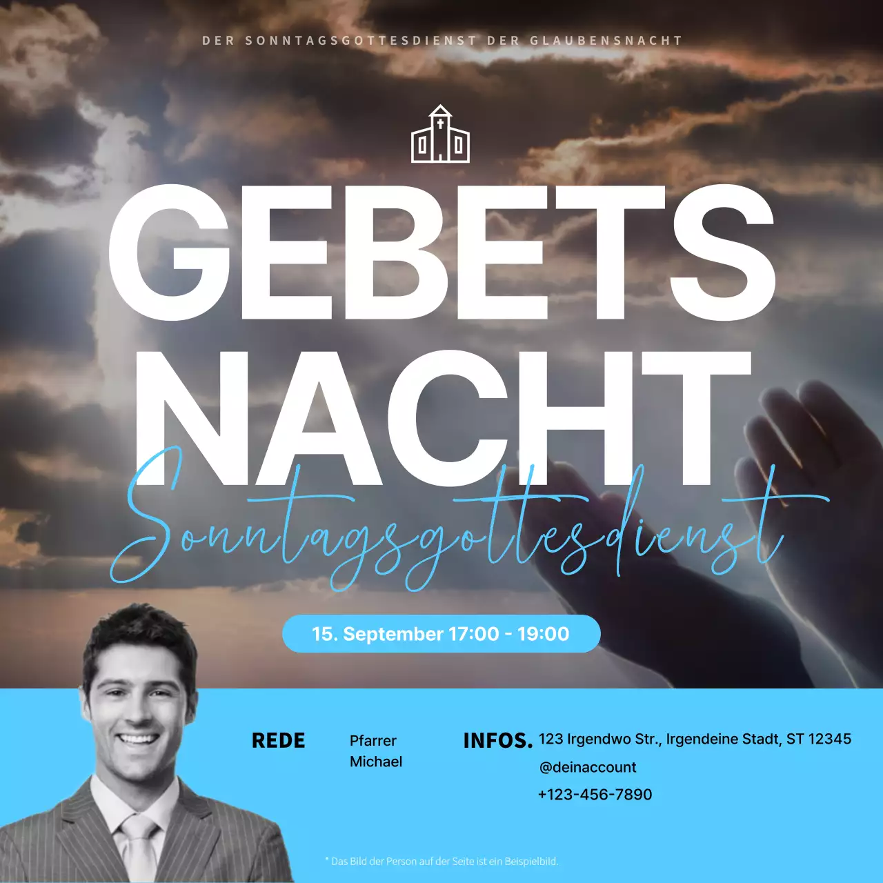 Werbung für ein einfaches Gebetstreffen in Weiß und Hellblau