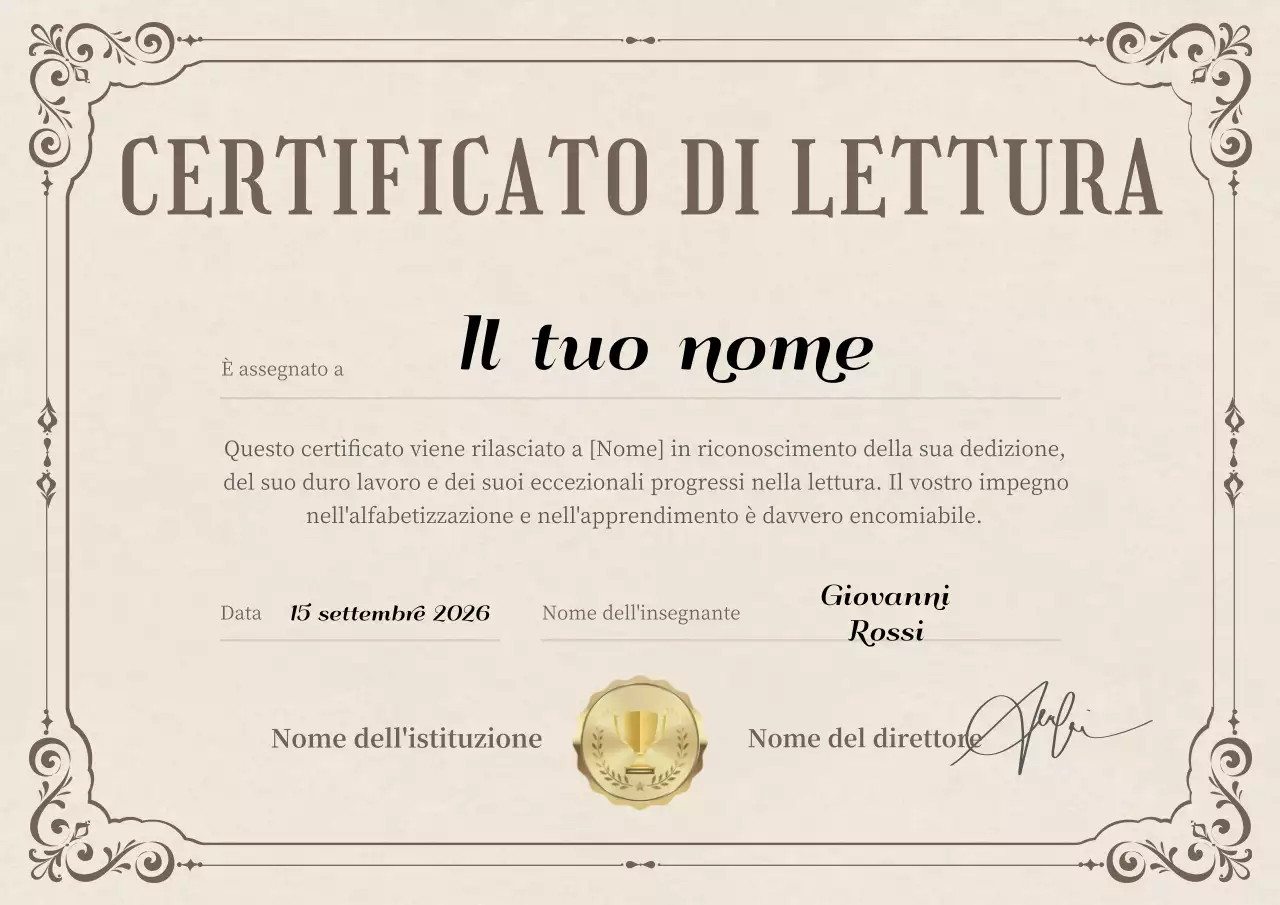 Classico certificato di lettura in beige e marrone