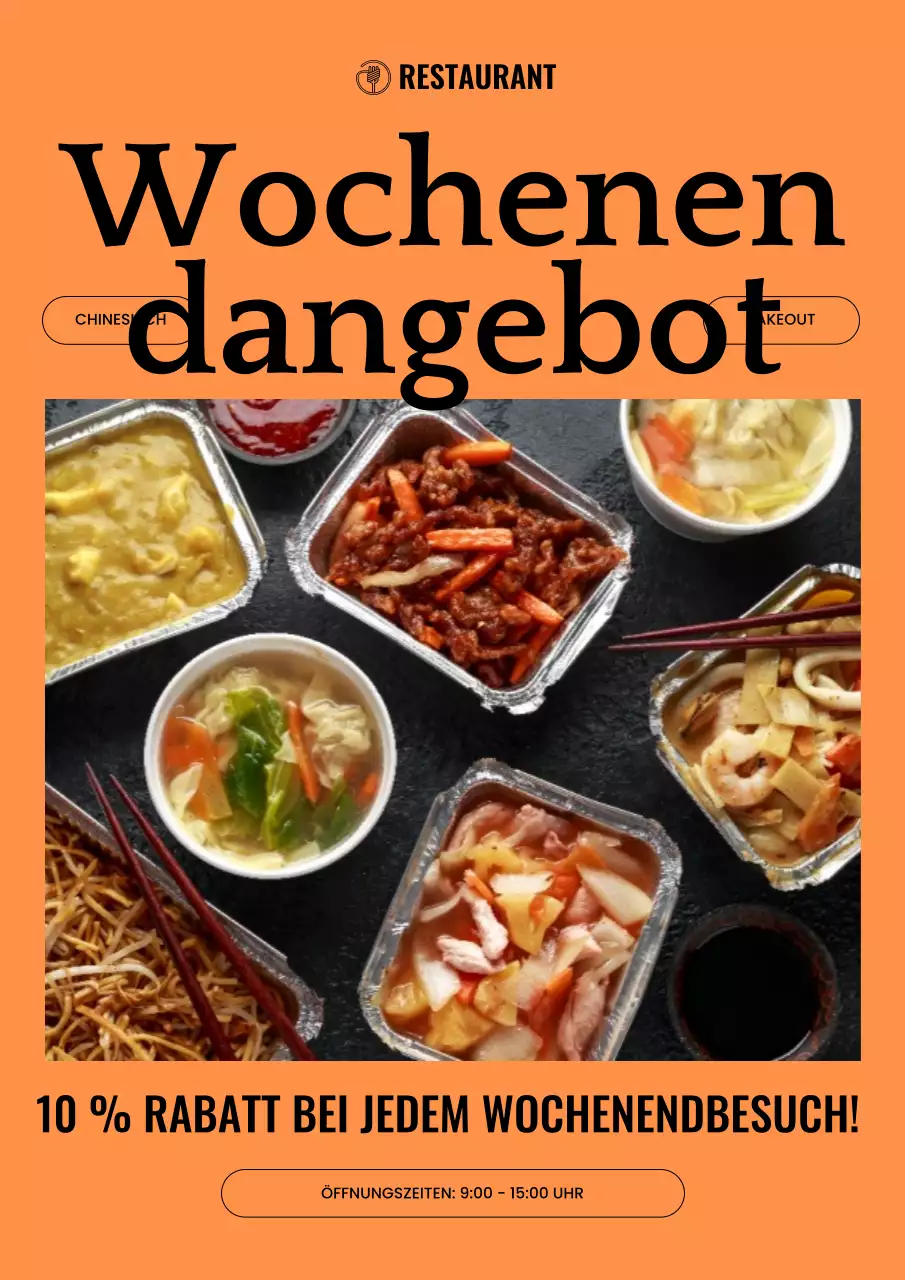 Werbung für Rabatte auf einer einfachen Wochenendkarte in Orange und Schwarz