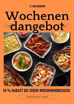 Werbung für Rabatte auf einer einfachen Wochenendkarte in Orange und Schwarz