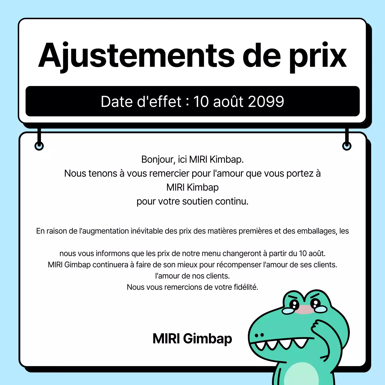 Annonce d'ajustement des prix en caractères bleus clairs et nets