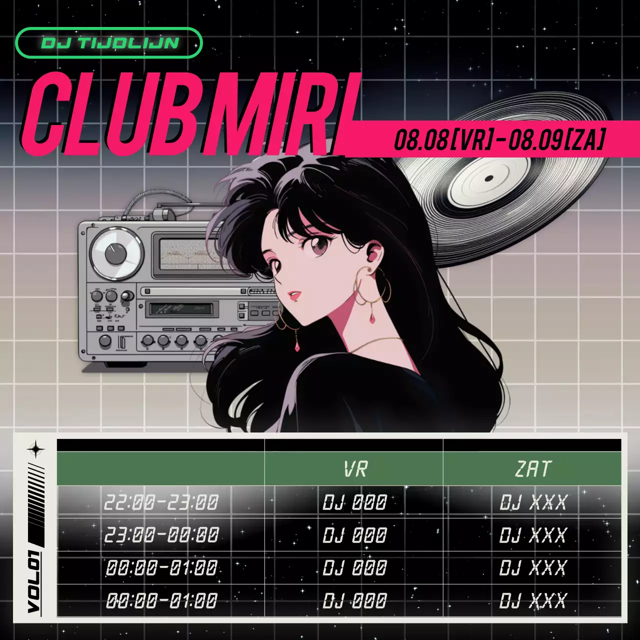 Een line-up van cyberpunk-geïnspireerde dj-sets in zwart en paars