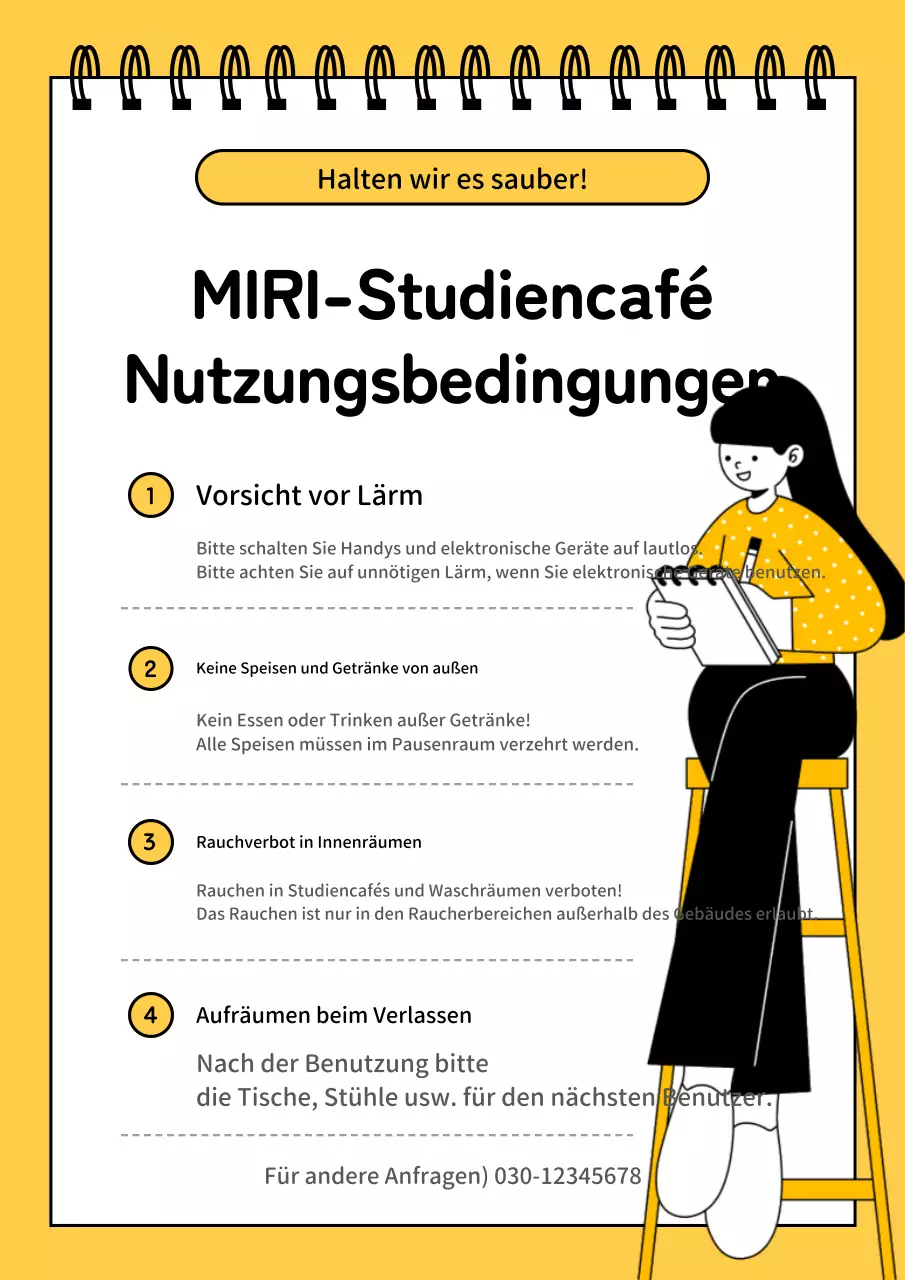 Ein einfaches Lerncafé in Gelb und Schwarz, mit einigen Hinweisen zur Nutzung