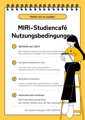 Ein einfaches Lerncafé in Gelb und Schwarz, mit einigen Hinweisen zur Nutzung