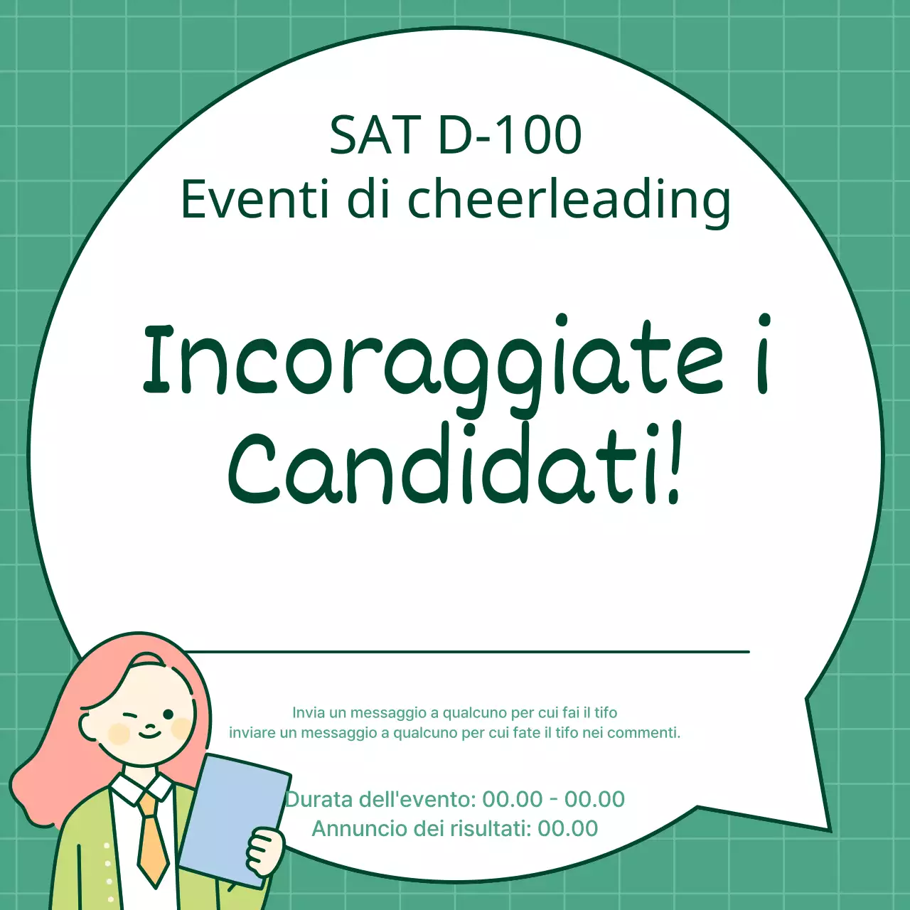 Promuovete un evento di cheerleading verde e carino per i test d'ingresso.