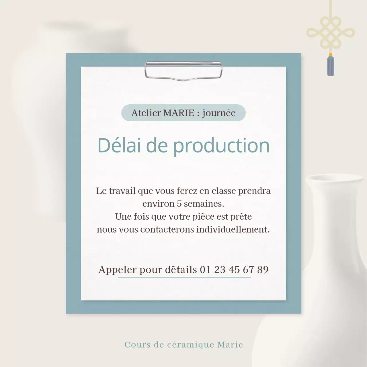 Annonce d'un atelier de poterie orientale menthe et beige