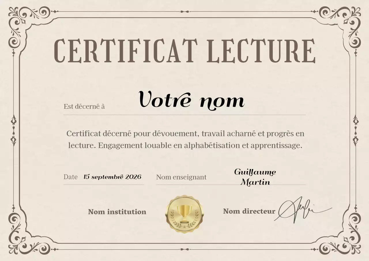 Prix classique pour certificat de lecture en beige et marron