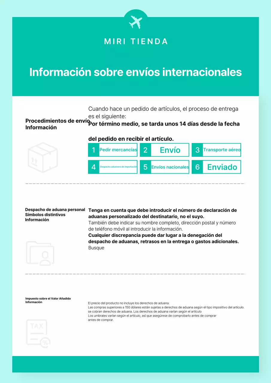 Un sencillo aviso de envío internacional en menta y blanco