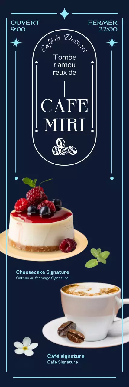 Faites la promotion de votre café bleu et chic et présentez votre menu