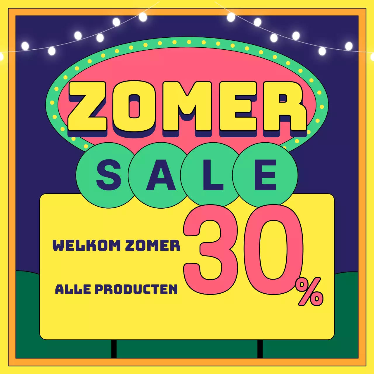 Verkoopadvertentie in retrostijl in geel en oranje