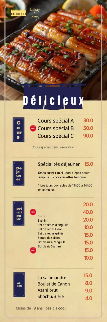 Bannière de menu Izakaya highball sur fond de bois